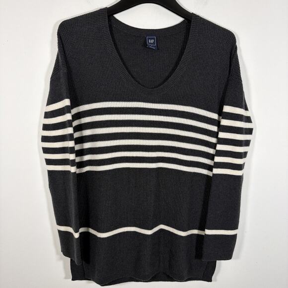 Gap Cozy Wool Blend Waffle Black White Striped V Neck Tunic Sweater Top Medium - Picture 1 of 9